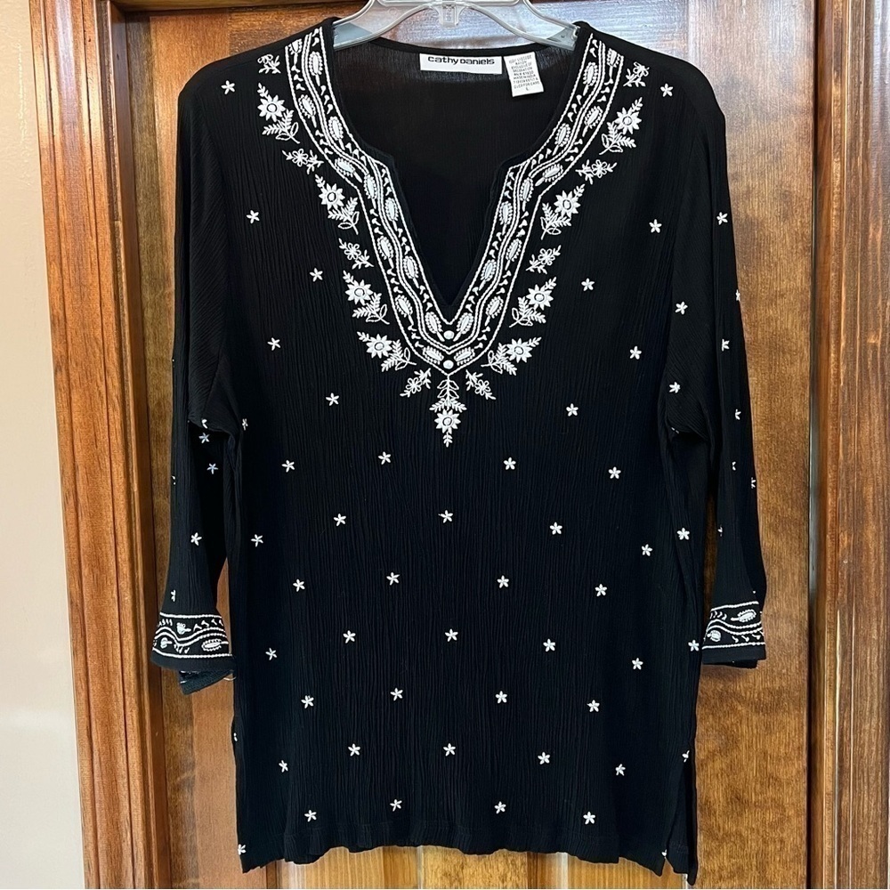 Cathy Daniels Black Tunic with White Embroidered Yoke